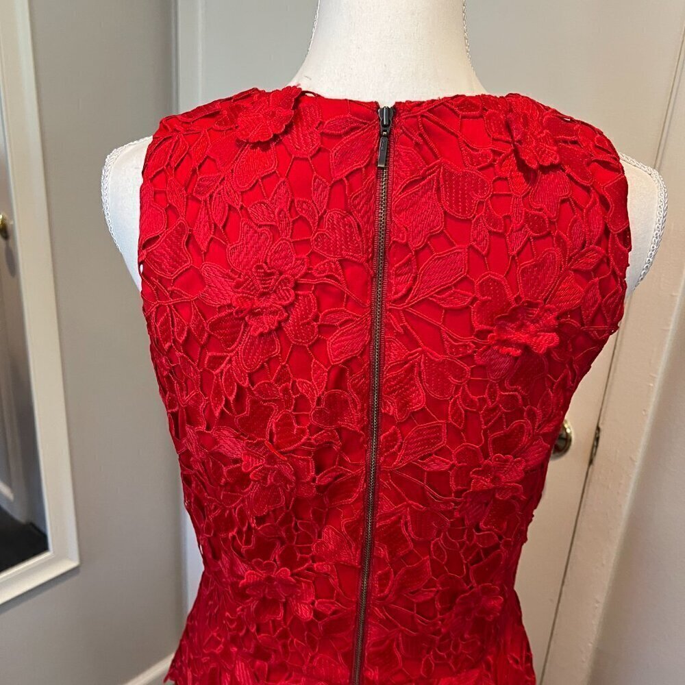 Betsy & Adam Red Crochet Lace Tulip Illusion Hem Cocktail Dress, Size 12 - Picture 11 of 16
